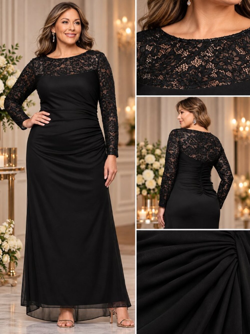 BA by Betsy & Adam Black Nude Lace Long Sleeve Plus Formal Gown 16W NWT